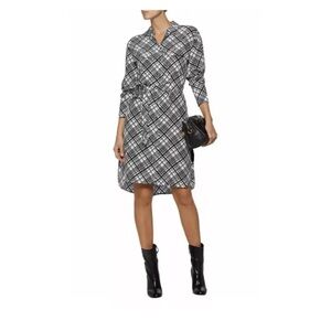 Equipment Women's Long-Sleeved Belted Silk Plaid Shirt Dress, Black/White